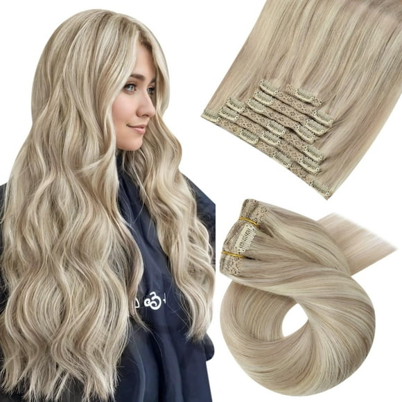 Moresoo Clip in Hair Extensions Ash Blonde Highlight Real Hair Extensions Clip ins Human Hair Ash Blonde with Blonde Double Weft Human Hair Clip in Extensions Highlight Blonde 16inch 7Pieces 120G