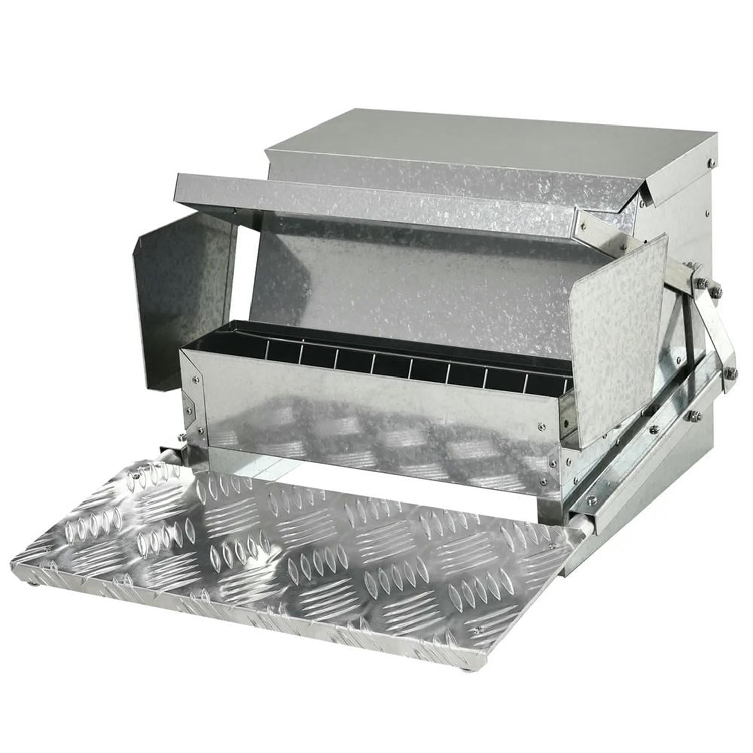 Demi Bonn Outdoor Automatic Metal Chicken Feeder, Poultry Feeder with Protective Lid for Chickens, Bantams, Pheasants, Holds 25 lbs of Feed, Silver