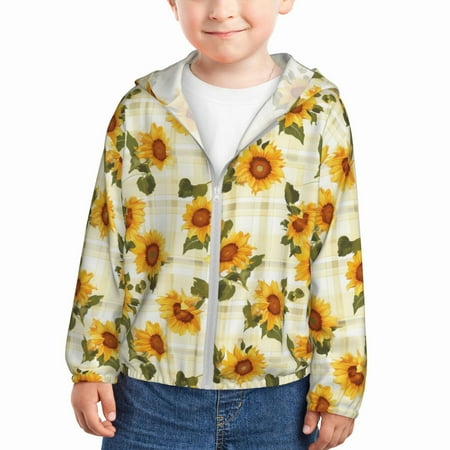 

Rash Guard for Boys Girls - Light Green Plaid Sunflower Lightweight Long Sleeve Sun Protection Jacket Hooded Cooling Swim Shirt with Zipper for Toddler Kids Children