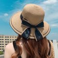 thumbnail image 4 of 54-58cm hat circumference hat female summer outdoor seaside big eaves sunscreen sunshade straw hat bow tie foldableKhaki, 4 of 5