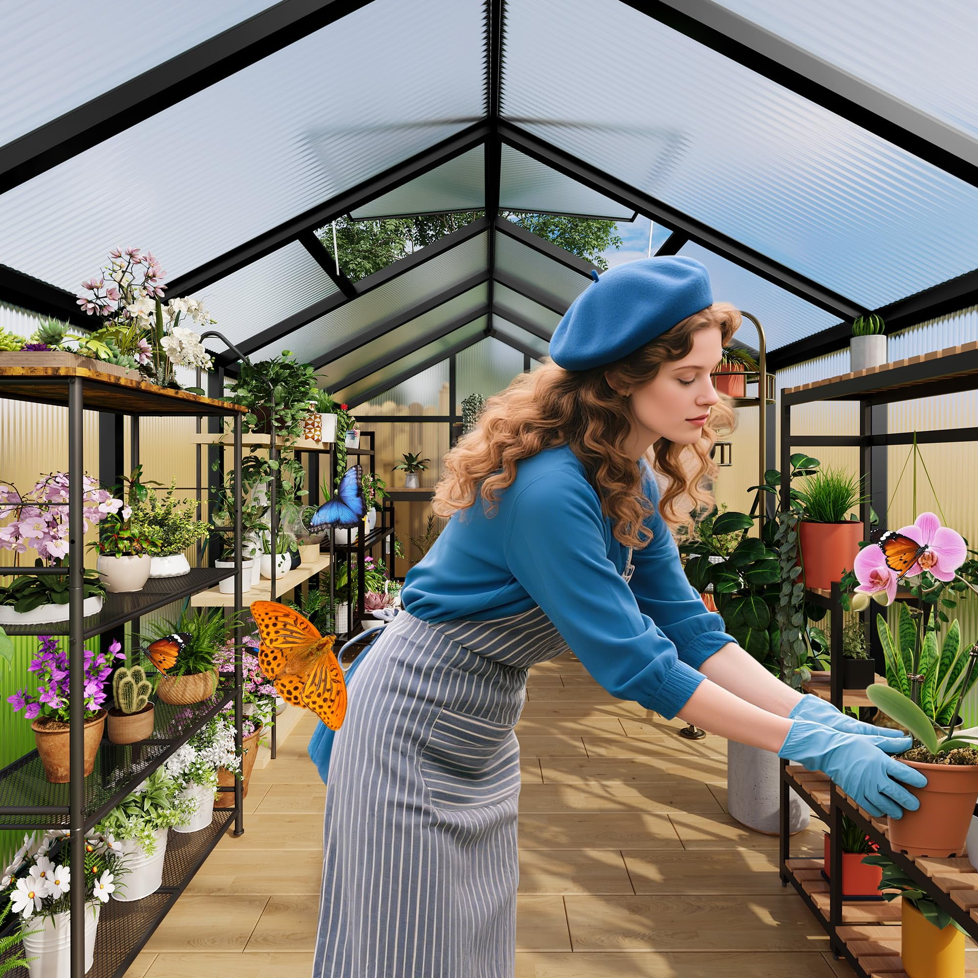6x8 FT Greenhouse, Easy Assembly Aluminum Polycarbonate Outdoor Greenhouse with Roof Vent, Ground Nails, Heavy Duty Walk-in, Lockable, Black