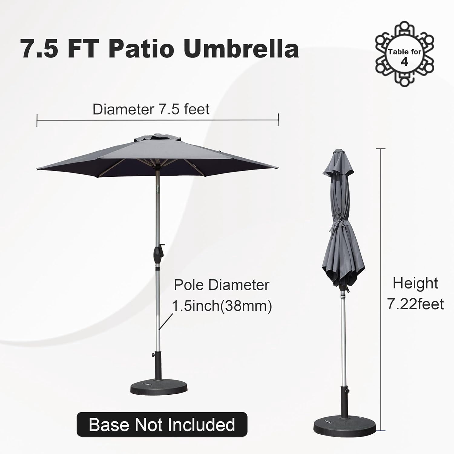 TOTAL 7.5FT Patio Umbrella Outdoor Market Umbrella with Silver Aluminum Pole, UV Resistant Canopy, Wind Vent, Tilt & Crank System, Perfect for Patio, Garden, Deck, Pool, Outdoor Dining, Gray