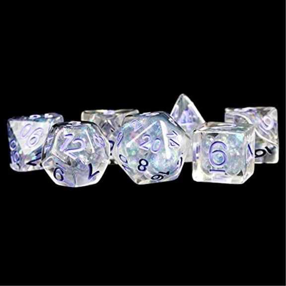 Pearl Dice w/ Purple Numbers 16mm Resin Poly Dice Set