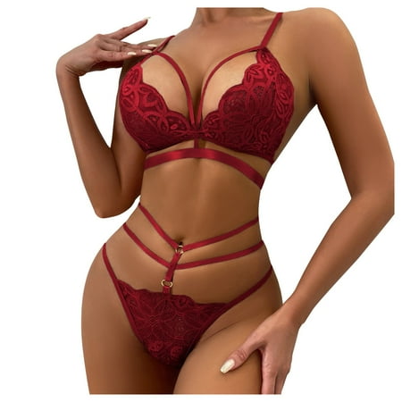 

DNDKILG Womens Lace Sexy Lingerie Strappy Teddy Lingerie Set Eyelash Babydoll Bra and Panty Sets Wine S