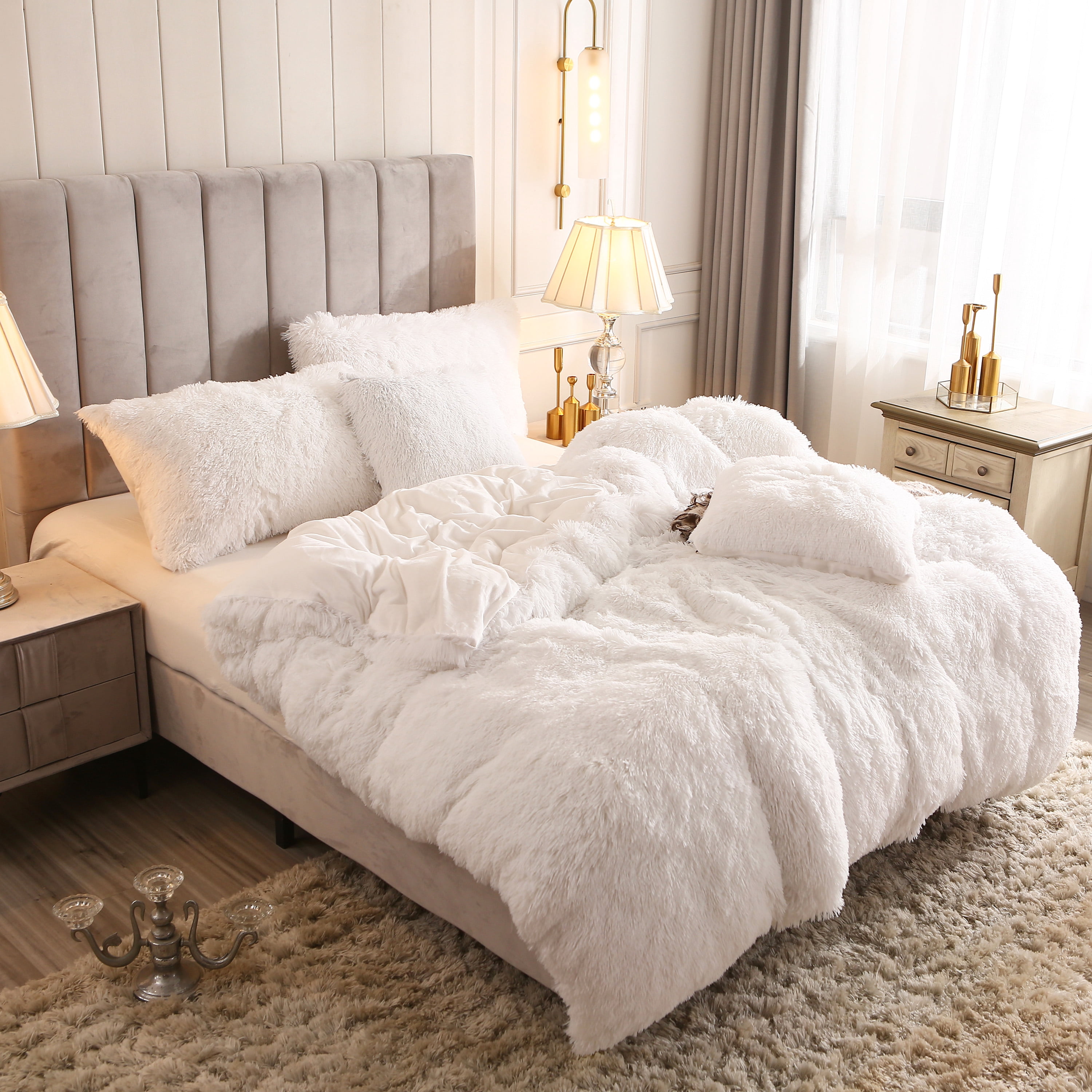 Uhamho 2 Piece Faux Fur Bedding Duvet Cover Set, Solid Comforter Cover Quilt Cover with Pillowcase, Twin, White
