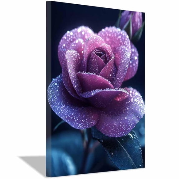 Mudket Purple Rose with Dew Drops Canvas Wall Art, flower poster, Framed Floral Print, Romantic Wall Decor for Bedroom, Ready to Hang - 12"L x 8"W