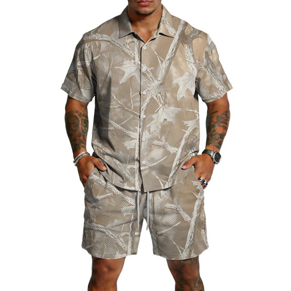 Dwelliawo Men's Tree Camo Print 2 Piece Outfit Short Sleeve Button Down Shirt and Drawstring Shorts Set Lightweight Casual Summer Outfits for Beach and Outdoor Activities Beige M