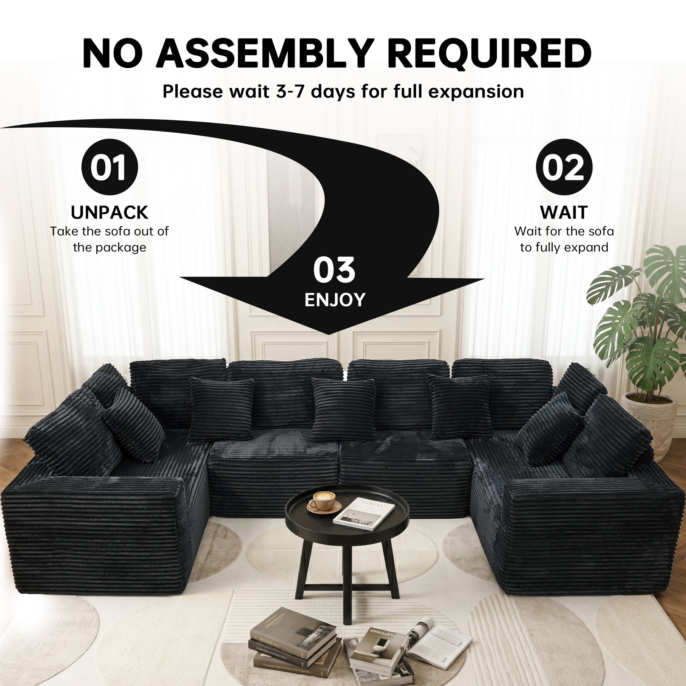SOULART 135.5" U Shaped Sectional Couch,Black Cloud Boneless Sofa For Living Room,Plush Corduroy Couches With Deep Seat Chaise Lounge,No Assembly Required
