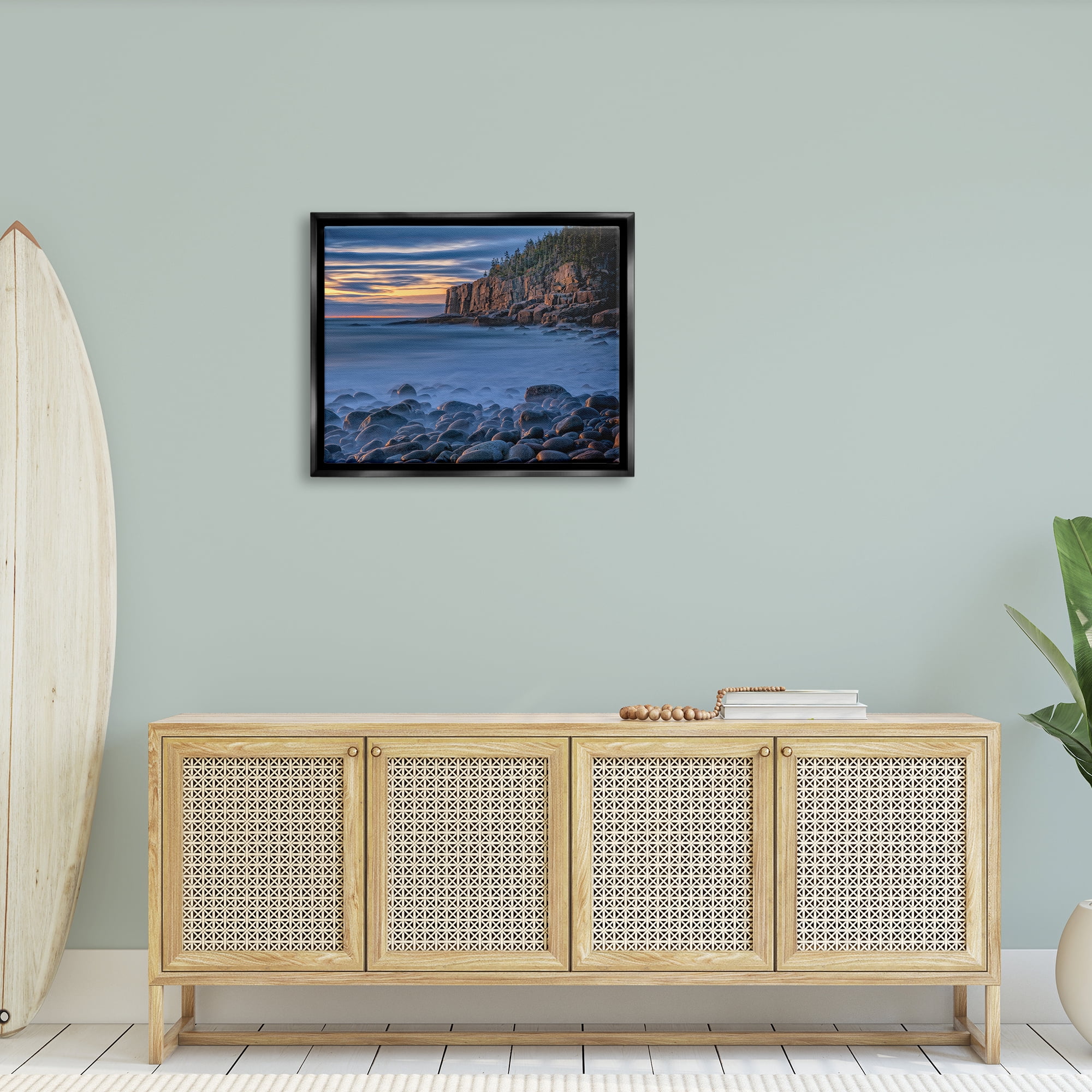 Stupell Foggy Seaside Rocks at Sunset Landscape Photography Black Floater Framed Art Print Wall Art