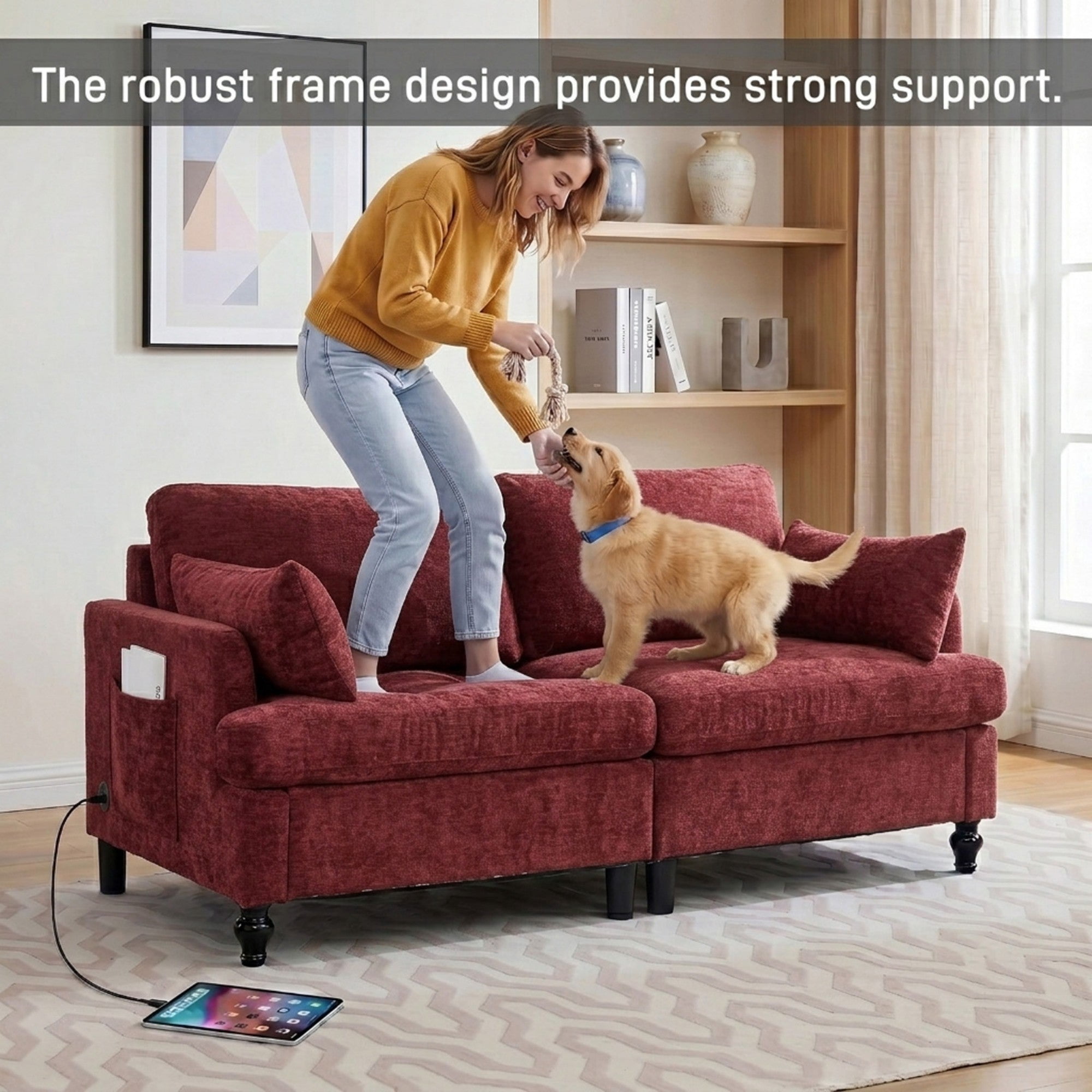Sailvan 68.9" Modern Loveseat Sofa,Comfy Chenille 2-Seat Couch with LED Lights & USB Ports,Small Cloud Couch for Living Room,Apartment,Red