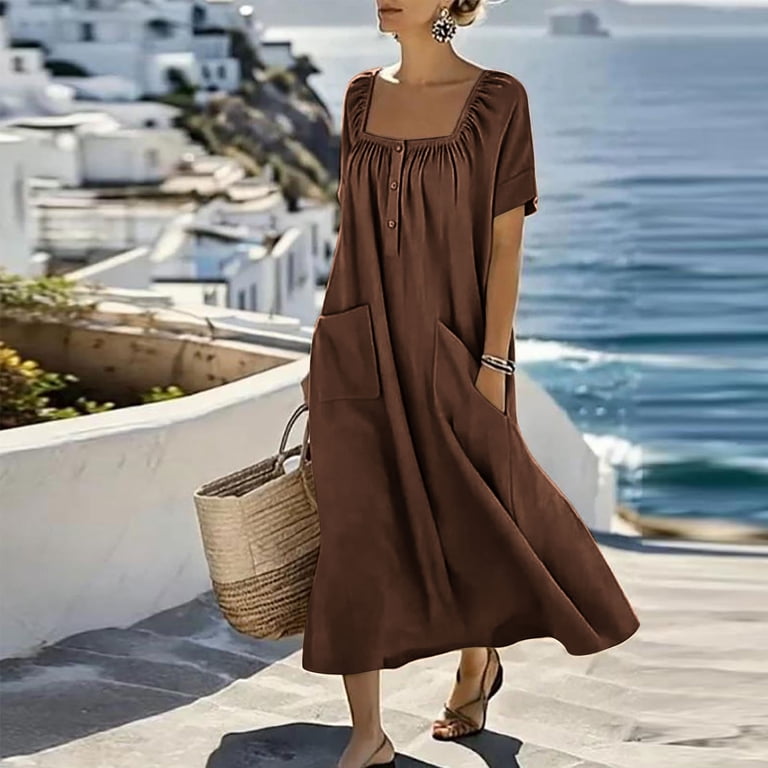 square neck dress flowy BaoFuBaoMei Square Neck Dresses for Women Plus Size Button down Flowy Dress  Short Sleeve Pleated Outfits Summer Vacation Outfits with Pockets