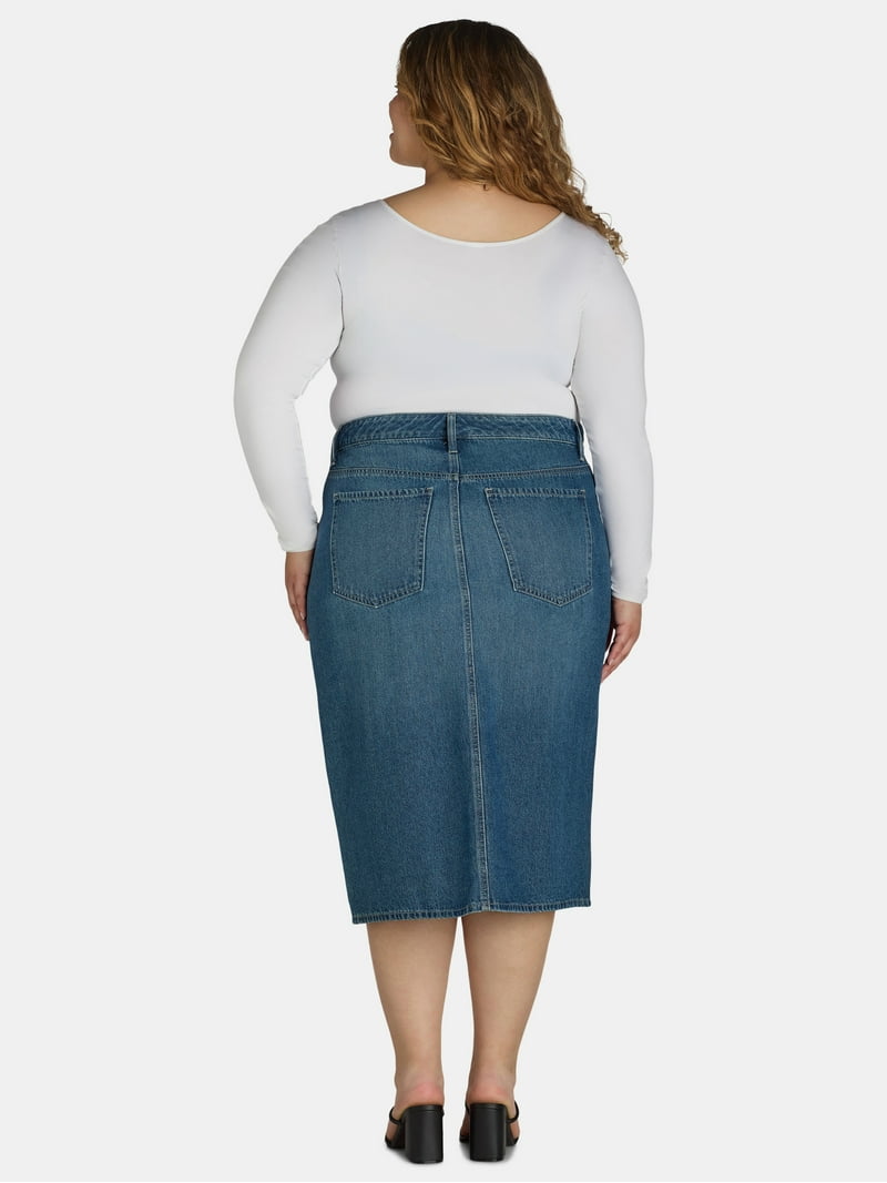 Terra Sky Women's Plus Size Denim Midi Skirt with Pockets, Sizes