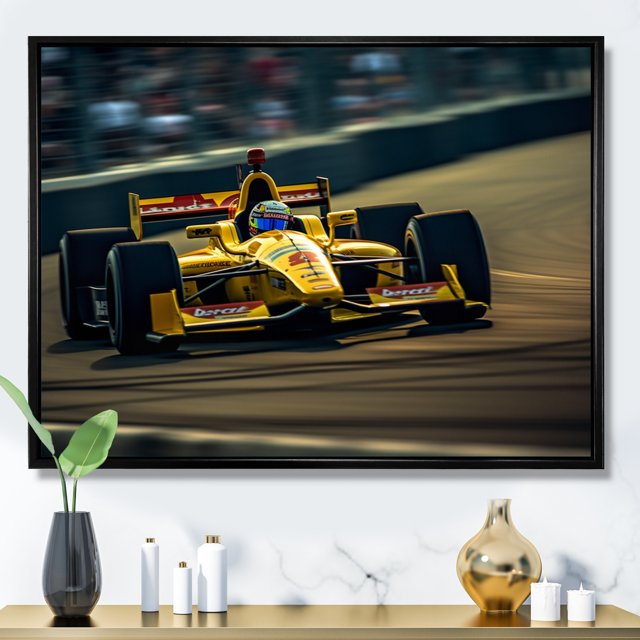 Designart Racing Oversized framed wall art decor, Racing framed wall Art, Rush of Formula Car at Speedway I , Yellow Modern black framed wall art, 40x30 inches black frame
