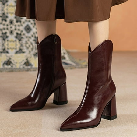 

ZMHEGW Boots For Women Autumn Mid Calf Pointed Toe Heel High Heel Solid Color Zipper Comtable Boots Shoes