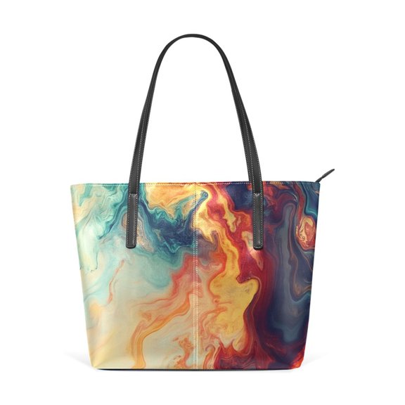 Tote Bag Aesthetic leather Handbags with Zipper for Women Travel Shoulder Bags Purses with compartment. Multicolor Fluid Pattern