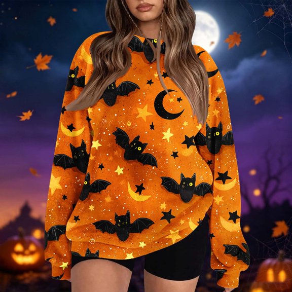 Halloween Fuzzy Tops for Women Printed Crew Neck Long Sleeve Trendy Spooky Festival Party Pullover Top Multicolor 03 S