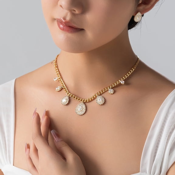 Elegant Wedding Jewelry Set - Rhinestone Chain Embedded Zircon Necklace and Earrings