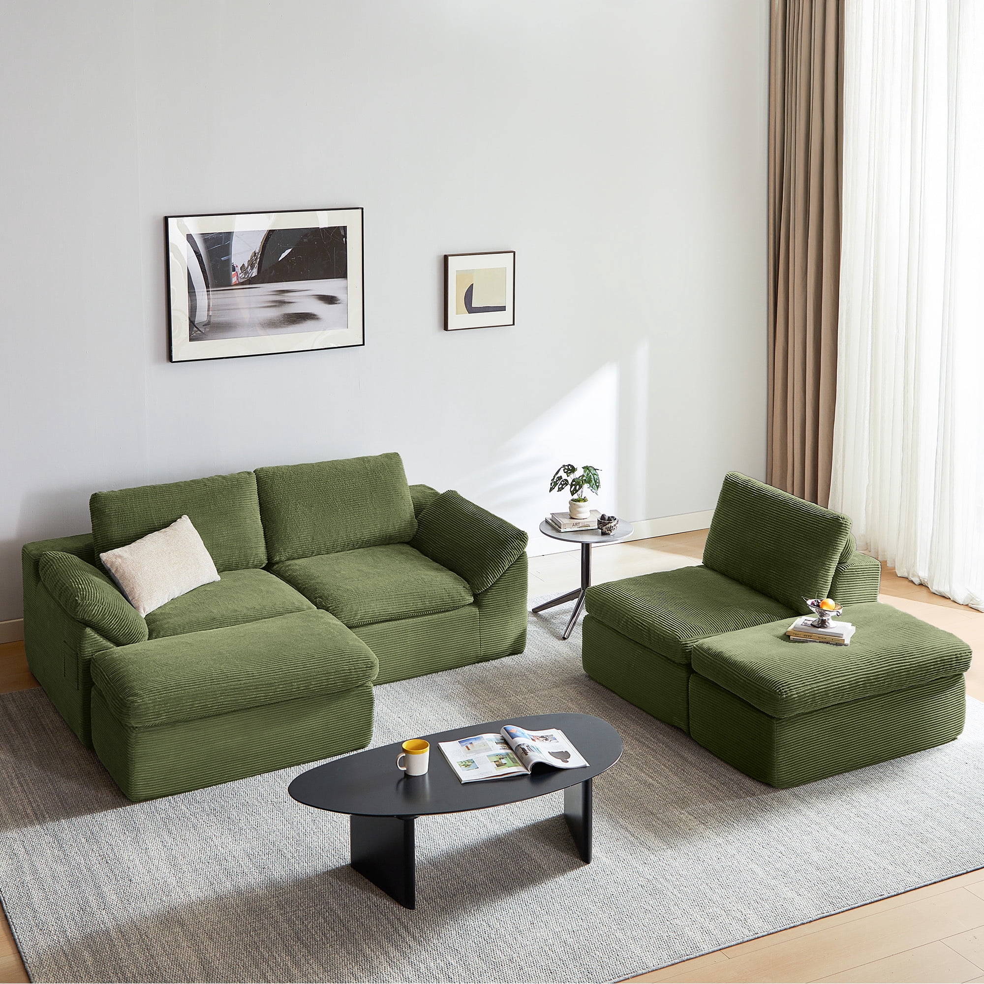 LINSY HOME Oversized 109" Boneless Sectional Couches for Living Room, U-Shaped Cloud Couch Sofa with Corduroy Fabric, 3 Seat Foam Sofa with 2 Ottomans, No Assembly Required, Green
