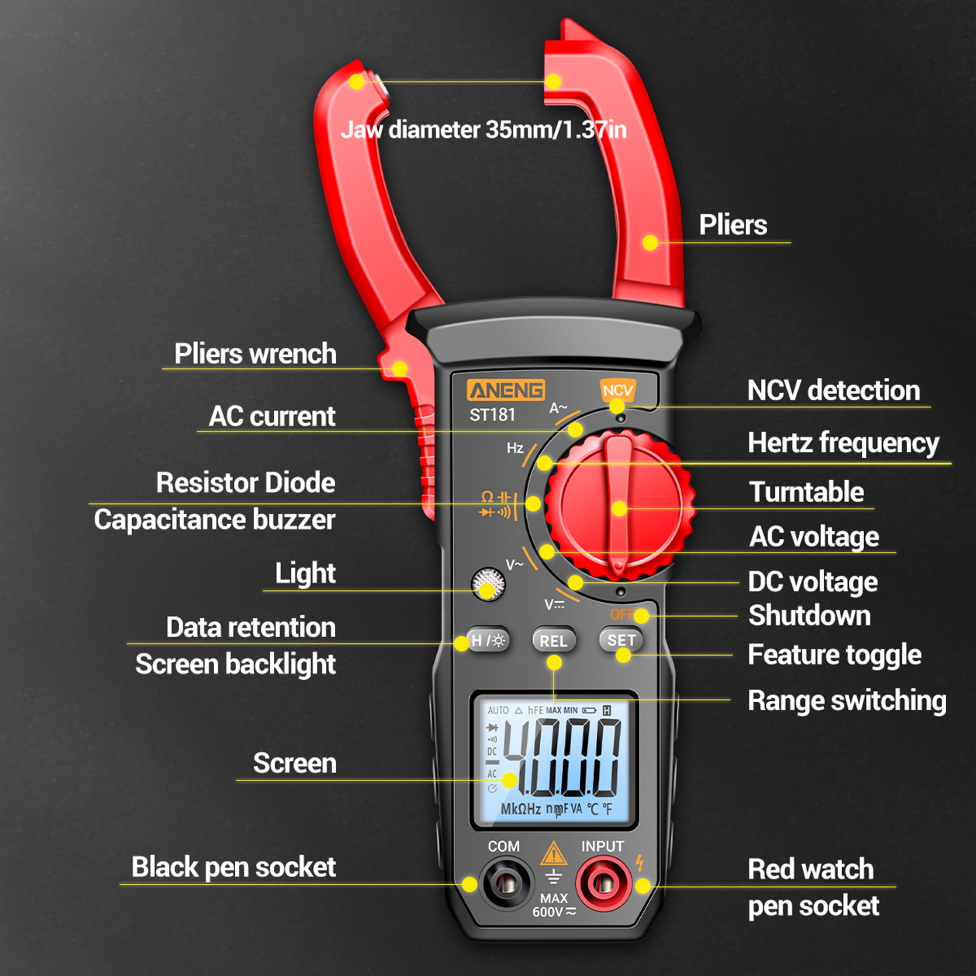 TKDMR Clamp Meter Multimeter Tester 4000 Counts with Ohm Volt Amp and Diode Voltage Meter, Electrical Tester Volt Ohm Amp Meter, 1Pack