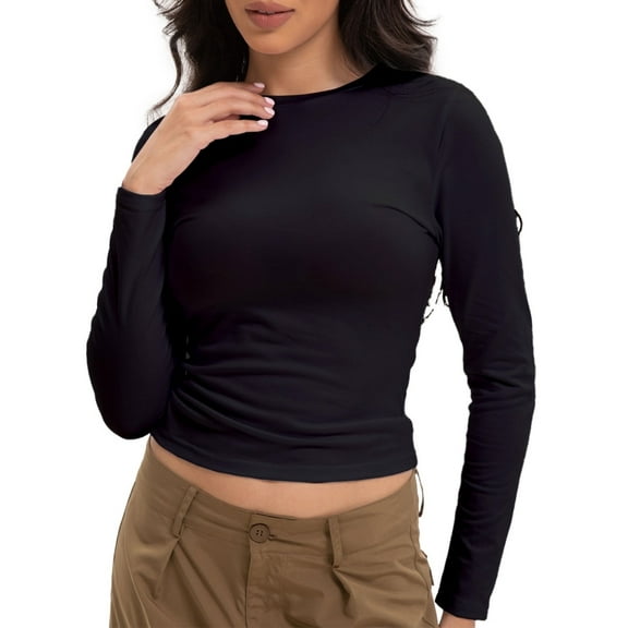 Womens Shirts Long Sleeve Crew Neck Ruched Stretch Basic Fitted Tee Shirts Tops