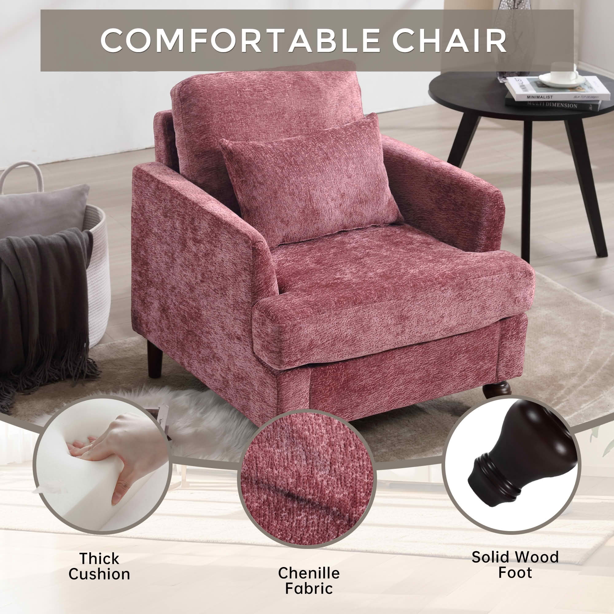 MAYEERTY 29.53-Inch Mid Century Chenille Tufted Studded Accent Armchair, Solid Wood Frame Upholstered Club Lounge Chair for Living Room Bedroom Reading Office