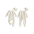 thumbnail image 2 of RUINIXCW Newborn Baby Girl Spring Fall Winter Clothes Outfit Knitted Footed Romper Long Sleeve Crew Neck Frills Zipped Footie Jumpsuit and Headband, 2 of 9