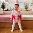 thumbnail image 4 of Cjfdfy Newborn Baby Girl Christmas Fall Outfit Christmas Print Romper Bow Snap Bubble Long Sleeve Ruffle Jumpsuit Bow Headband Infant Cute My First Christmas Fall Winter Outfits, 4 of 9