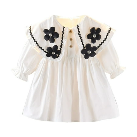 

LIhncine Girls Dress New Girls Stereoscopic Flower Large Lapel Dress Fashion Pearl Pleated Dress (White 2-3 Years)