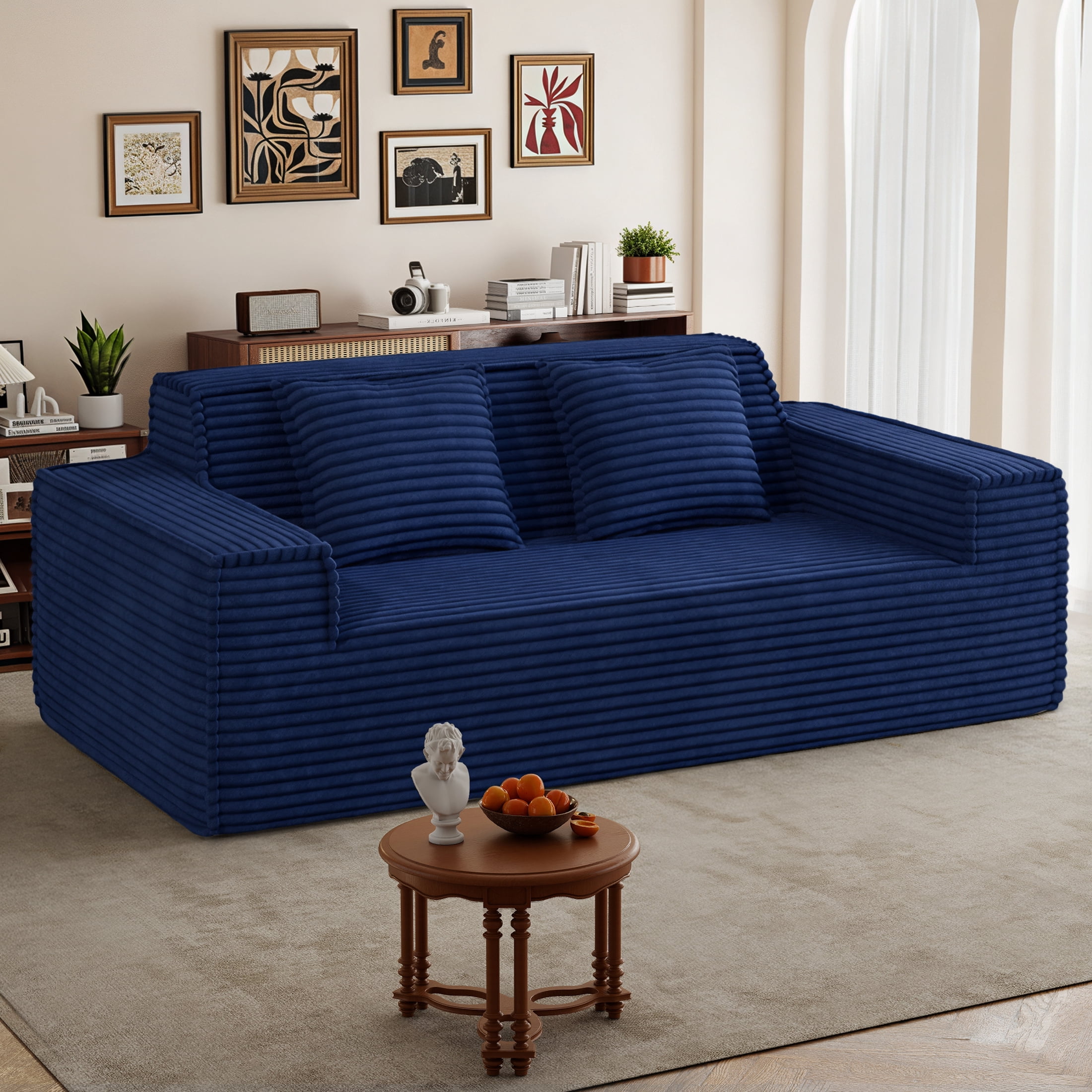 Hawsaiy 75" Corduroy Loveseat Sofa with Wide Armrests & Removable Pillows, No Assembly Foam Couch, Vacuum Packed, High-Density Support,Blue