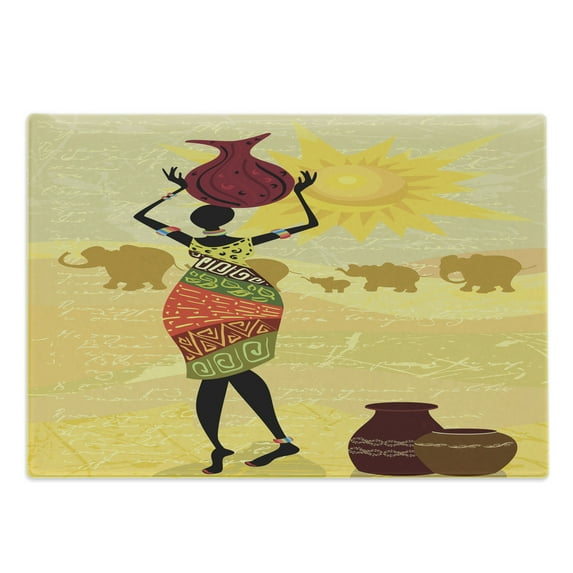 African Cutting Board, Vintage Landscape Local Woman Elephants Sun Hand Writing, Decorative Tempered Glass Cutting and Serving Board, Large Size, Multicolor, by Ambesonne