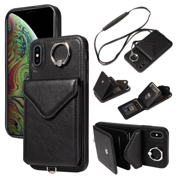 for iPhone XS Max PU Leather Back TPU Frame Rugged Case, Classic 360 Rotating Ring Kickstand Card Slots Shoulder Strap Drop Protective Slim Fit Shockproof Phone Case Cover, Black