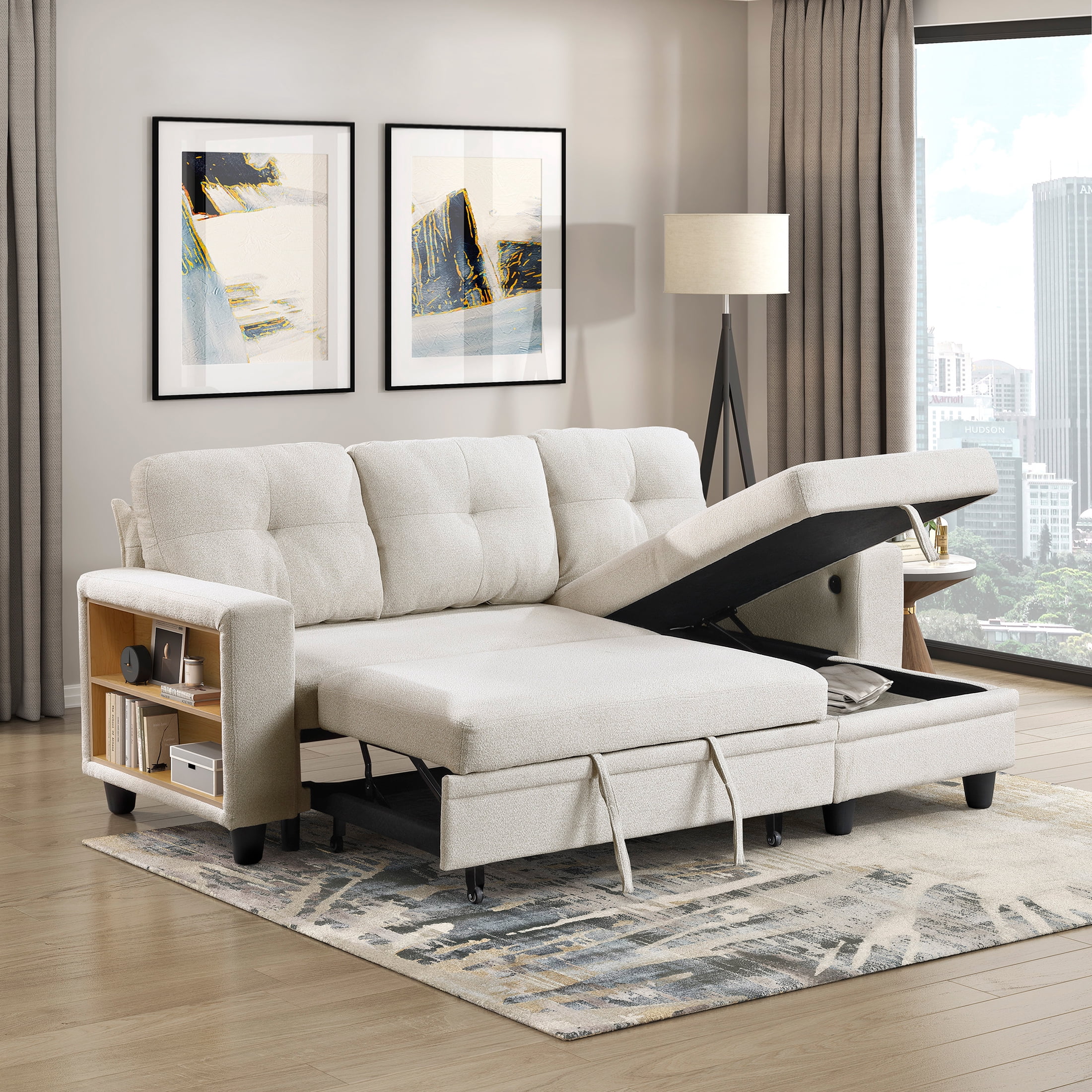OakvillePark Vessarion Boucle Sectional with Reversible Chaise, Pull-out Bed, Shelves and Charging Ports, Beige