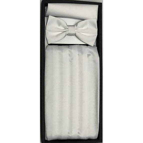 Berlioni Men's Formal Cummerbund Bowtie Hanky Set Tuxedo Accessories Weddings Prom Wear 4-Pleat Soft Satin Finish White