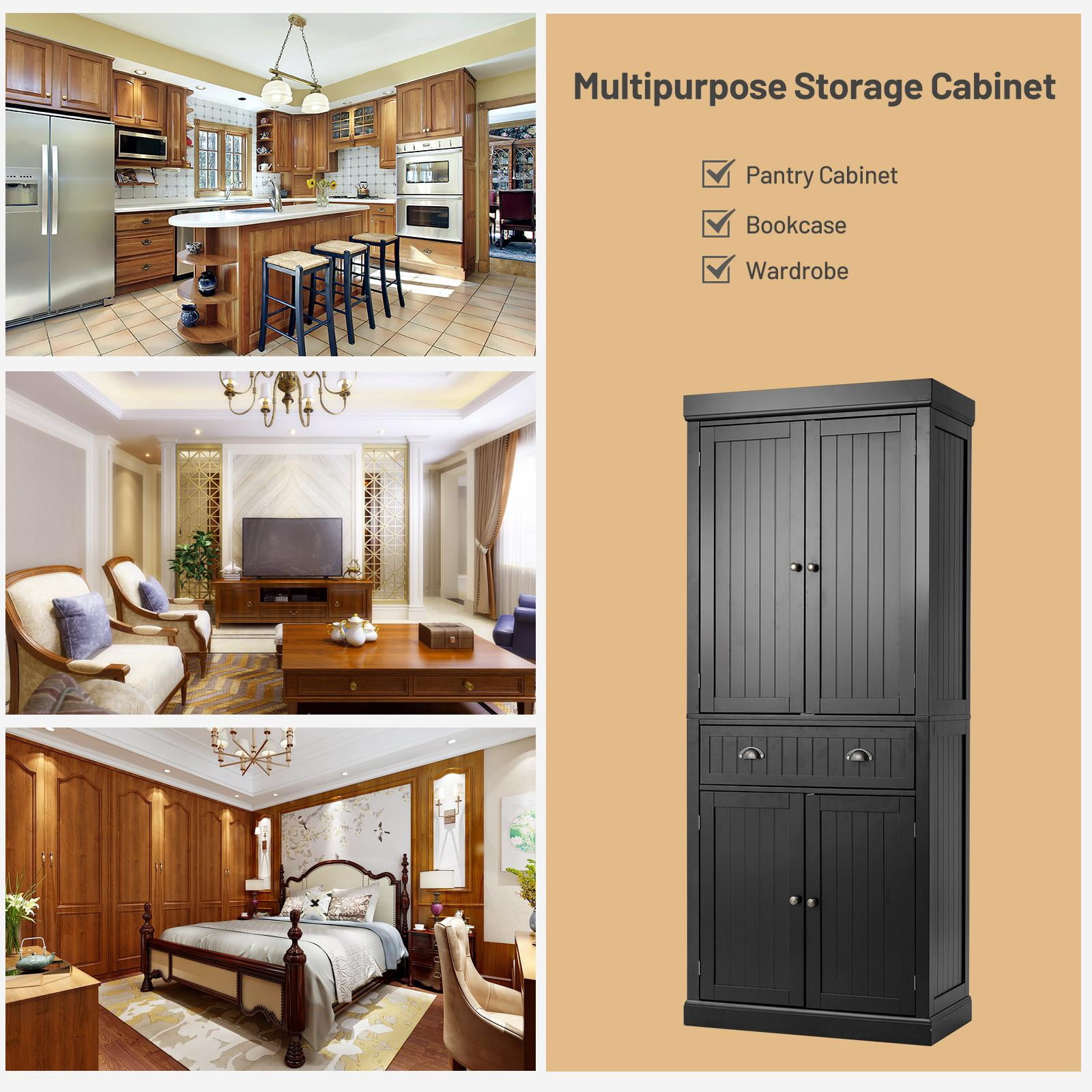 Giantex Kitchen Pantry Cabinet, Freestanding Adjustable Cabinet w/Doors for Dining Room, Living Room or Bedroom, Black