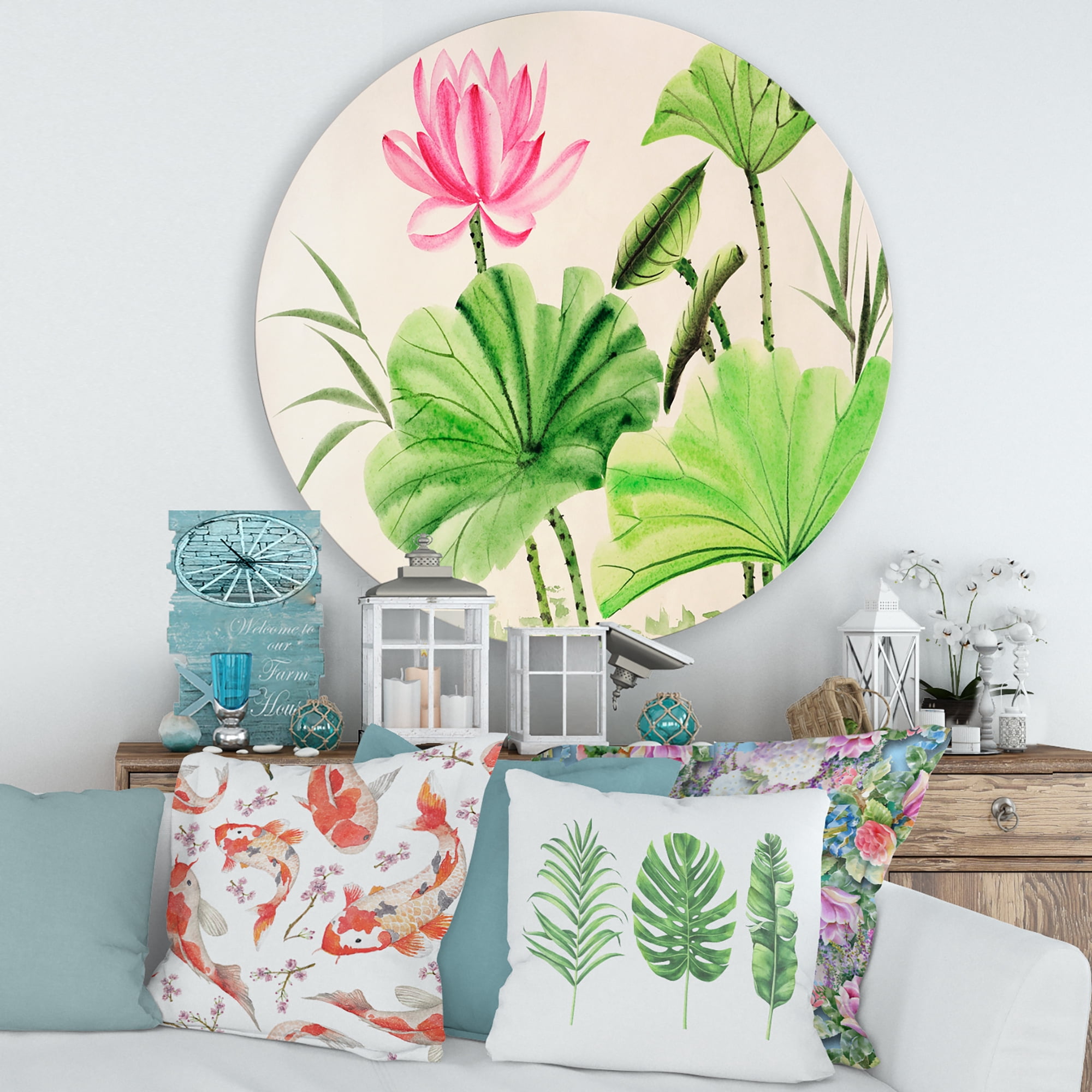 Designart 'Ancient Pink Lotuses In The Pond V' Traditional Circle Metal Wall Art 29x29 - Disc of 29
