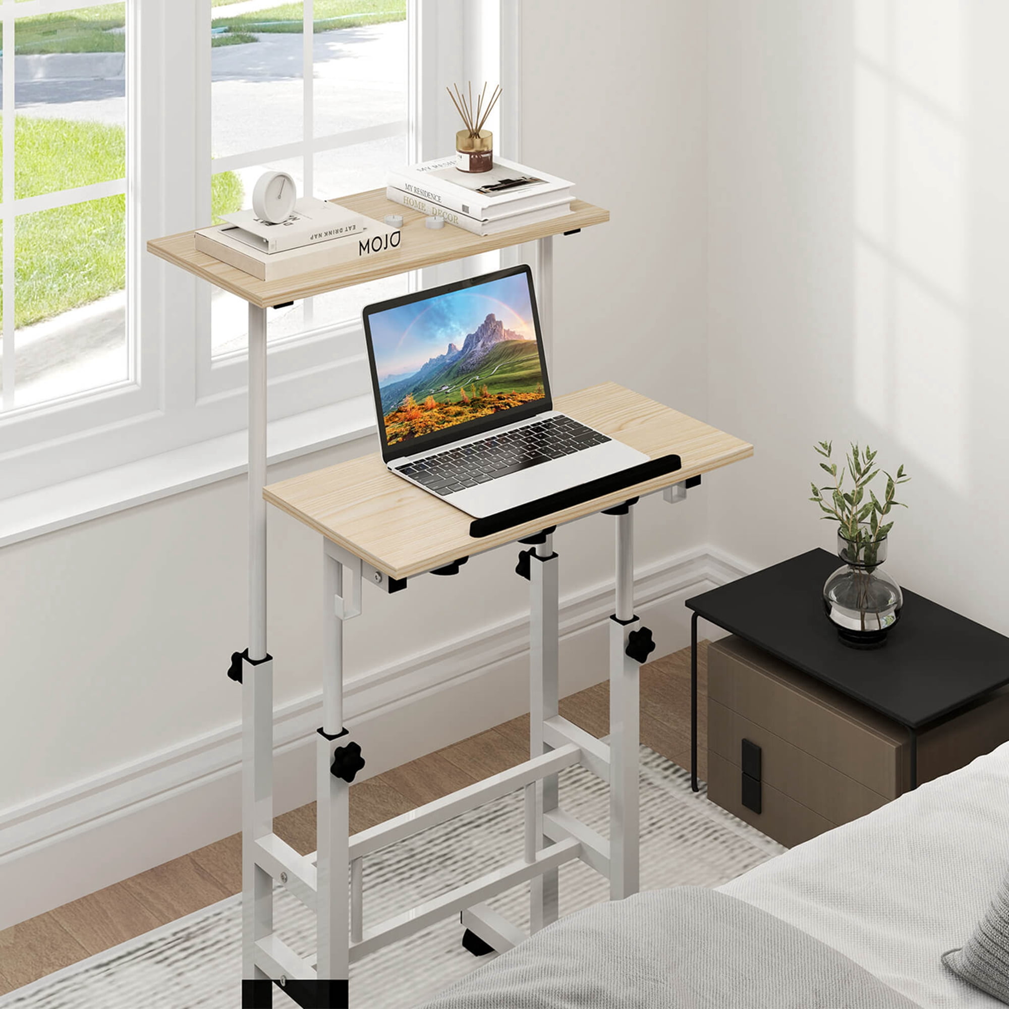 Costway Height Adjustable Mobile Standing Desk with Tiltable Desktop & 2 Hanging Hooks