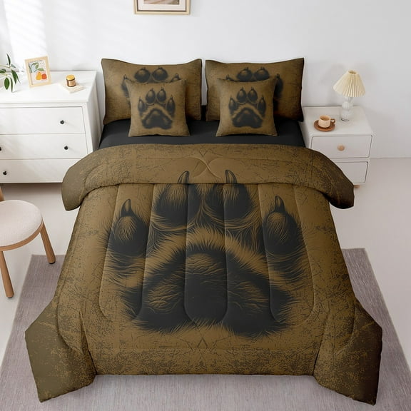 Erosebridal Bear Paw Print Bedding Sets Twin Size,Black Brown Comforter Sets with Sheets,Safari Wildlife Bed in a Bag Twin size,Lightweight Animal Bedroom Decoration,Reversible,7-Piece