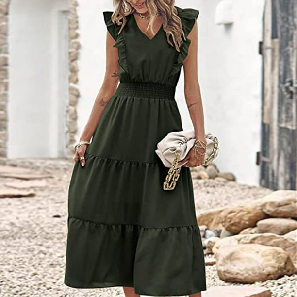 Vestido de mujer de una línea sin mangas con cuello en V vestido largo suave para cóctel (verde oscuro S) FLhrweasw Para estrenar