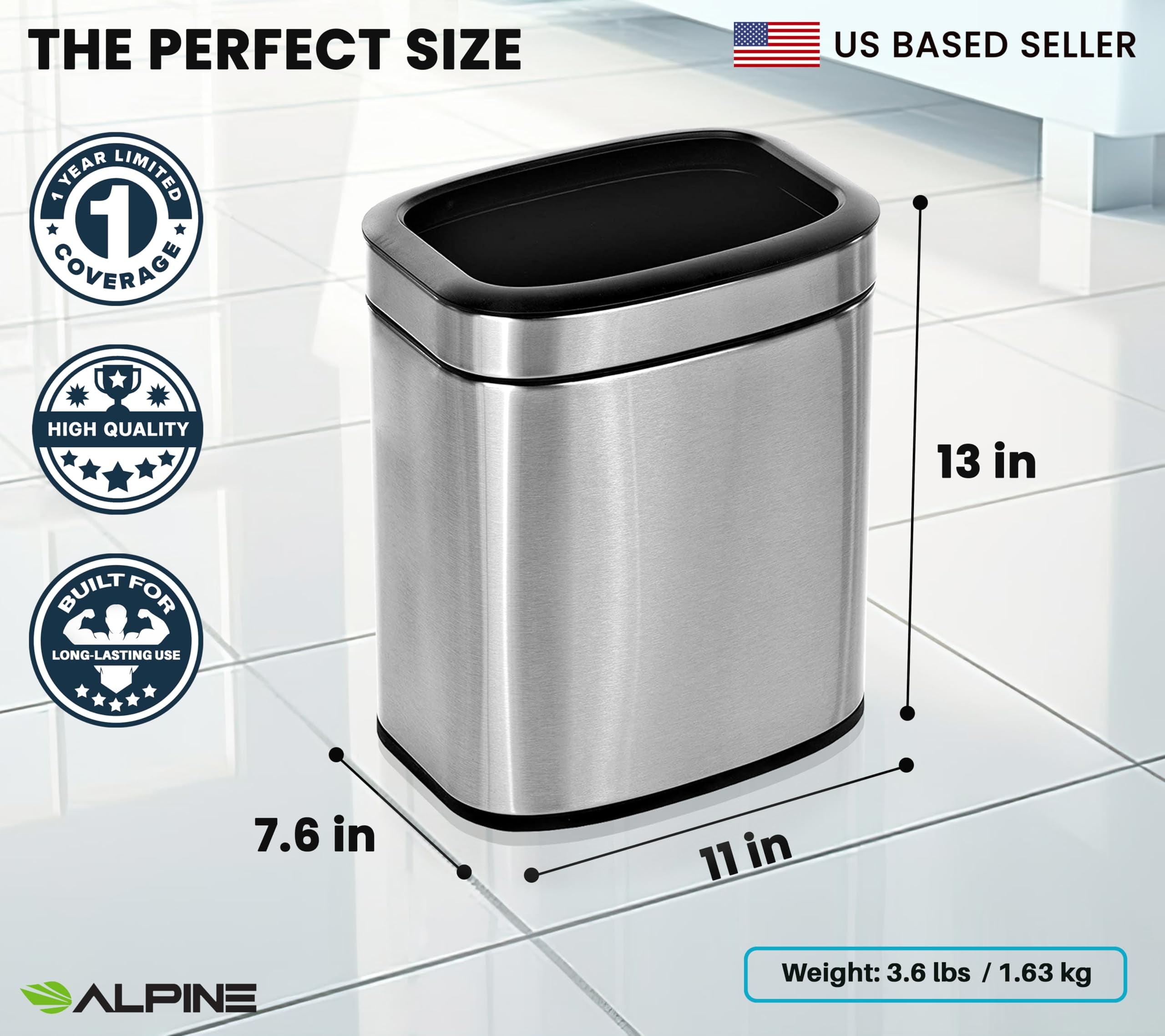 Alpine 10 Liter Small Bathroom Trash Can No Lid - Open Top SS Bathroom Trash Can 2.6 Gallon, Slim Silver Trashcans for Bedroom, Office, Desk, Kitchen with Removable Bin for Easy Disposal