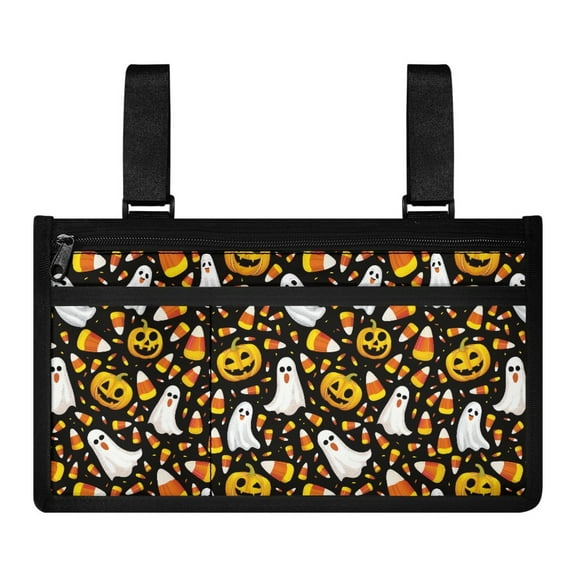 COEQINE Halloween PumpkinWheelchair Armrest Side Hanging Storage Bag Ghost Wheelchair Bags to Hang on Side Spooky Wheelchair Carrier Bag & Case for Seniors Wheelchair Side Bag
