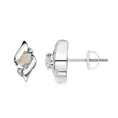 Oval Shell Earrings - October Birthstone Earrings - Oval Opal and Diamond Shell Stud Earrings in 14K White Gold (4x3mm Opal) - SE0121OPD-WG-AA-4x3