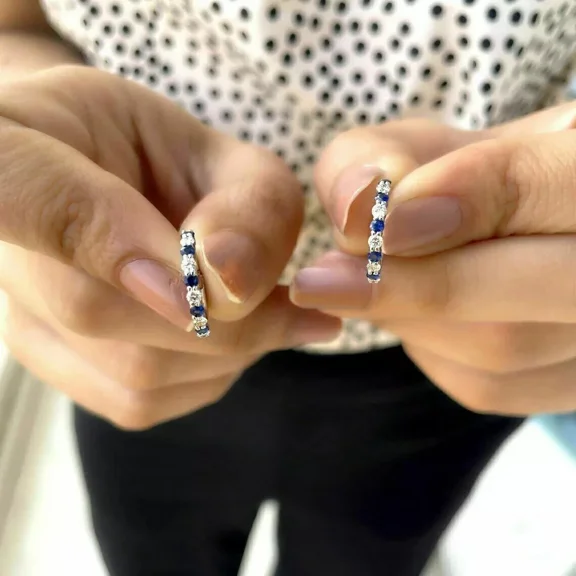 1Ct Round Cut Lab-Created Sapphire/Diamond Hoop Earrings 14K White Gold Plated