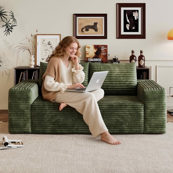 MAYEERTY 63-Inch Green Corduroy 2-Seat Loveseat Sofa, Deep Seat Comfy Couch No Assembly Required for Living Room Bedroom Apartment Conference Room