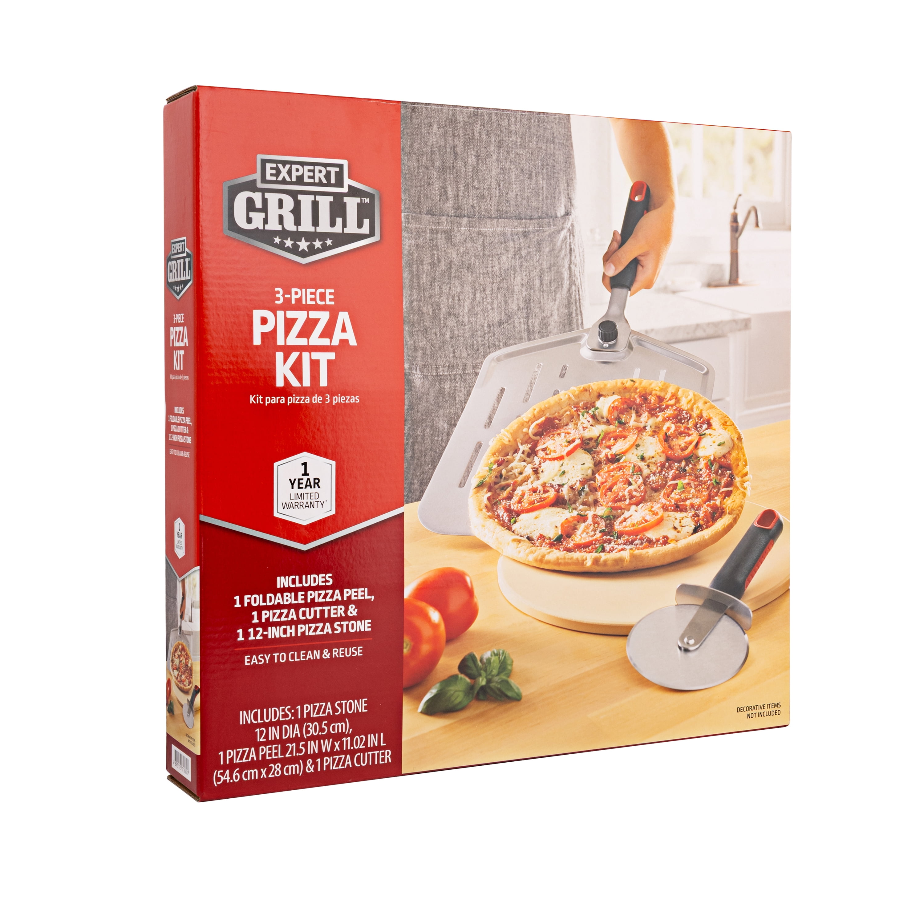 Expert Grill 12" Round Cordierite Pizza Stone Set with Peel and Cutter, 3-Piece