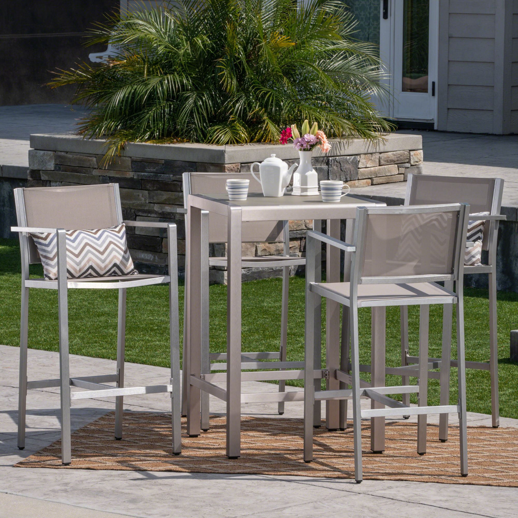 5pc Silver and Gray Contemporary Outdoor Patio Bar Set 45&quot;