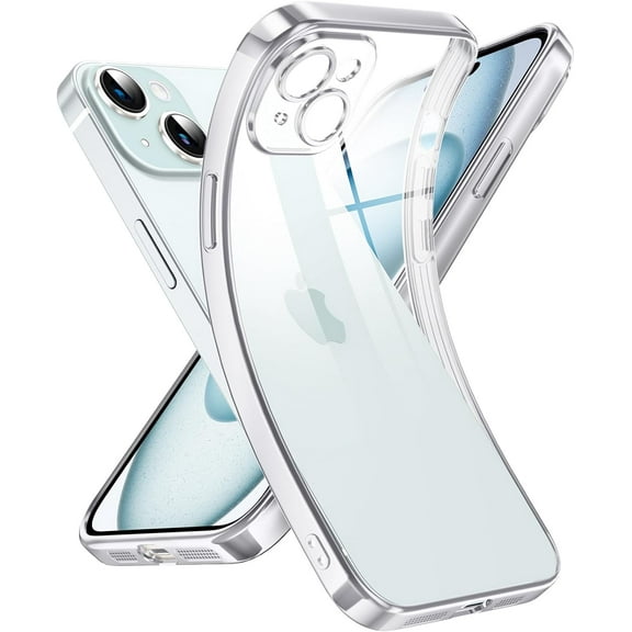 Crystal Clear Case for iPhone 15 Plus, [Not Yellowing] [Camera Protection] [Military Grade Drop Tested] Transparent Shockproof Protective Phone Case Soft Silicone Slim Cover, 6.7", Silver