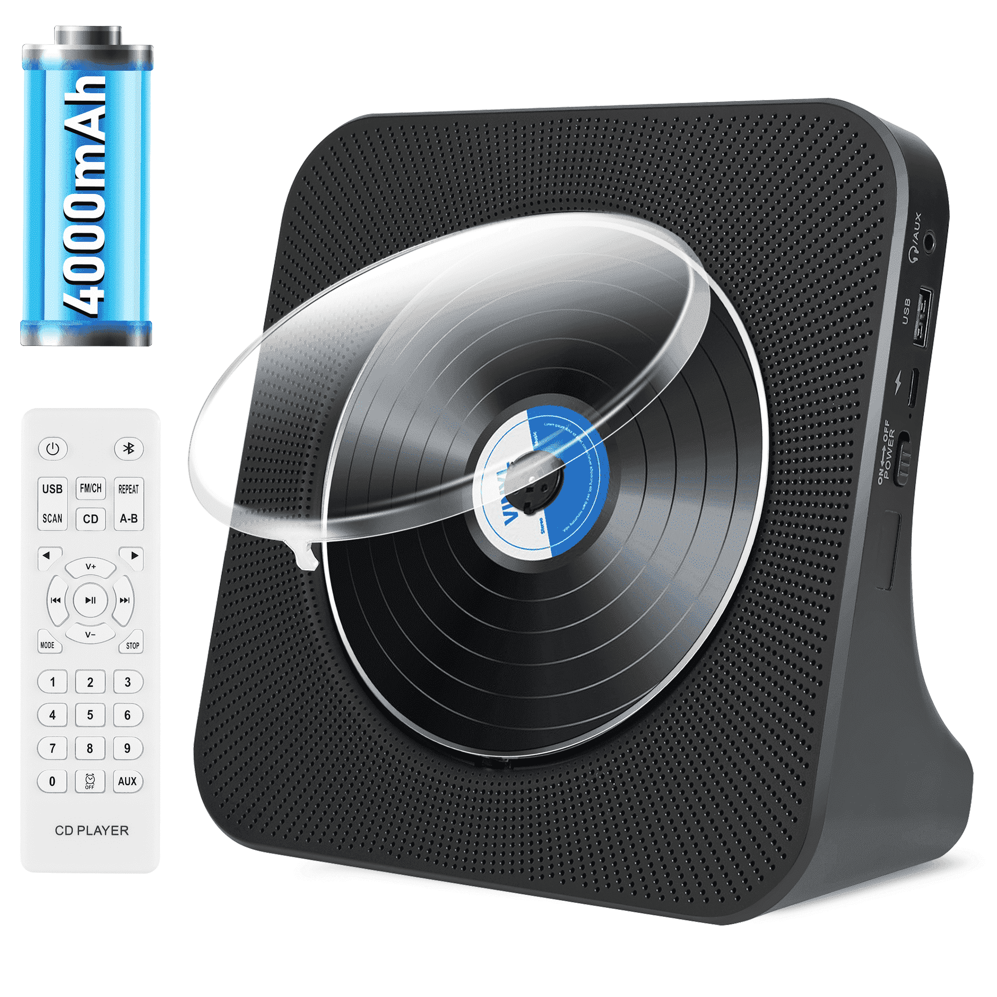 Portable CD Player with Bluetooth, Rechargeable CD player for Home, Desktop CD Player with Remote Support Bluetooth, FM Radio, USB and AUX Connection