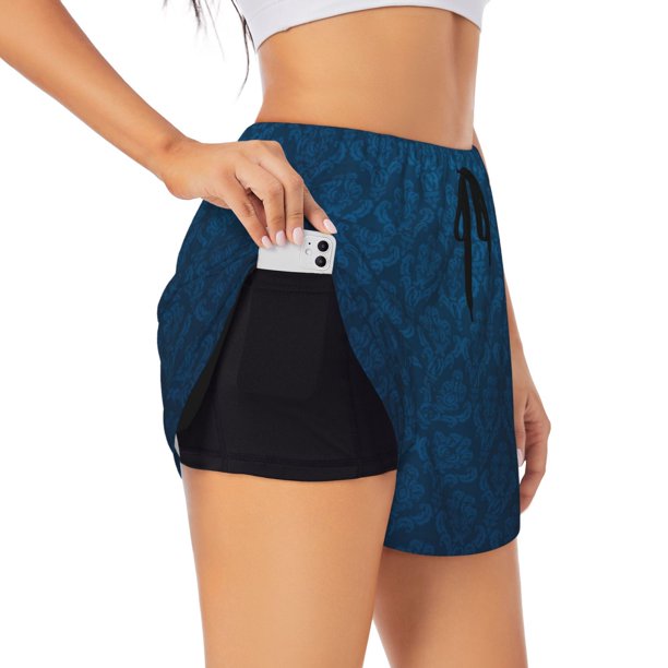 Balery Dark Blue Pantalones cortos deportivos para mujer con forro y dos bolsillos, elásticos, para entrenamiento, gimnasio, yoga-Medium
