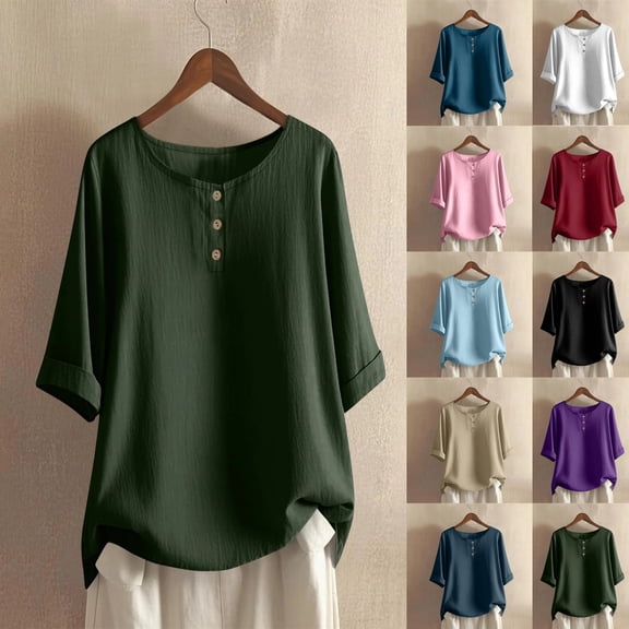 Fashion Women's Summer Round-Neck Casual Short Sleeve Button T-Shirt Top Loose Elasticity Solid Color