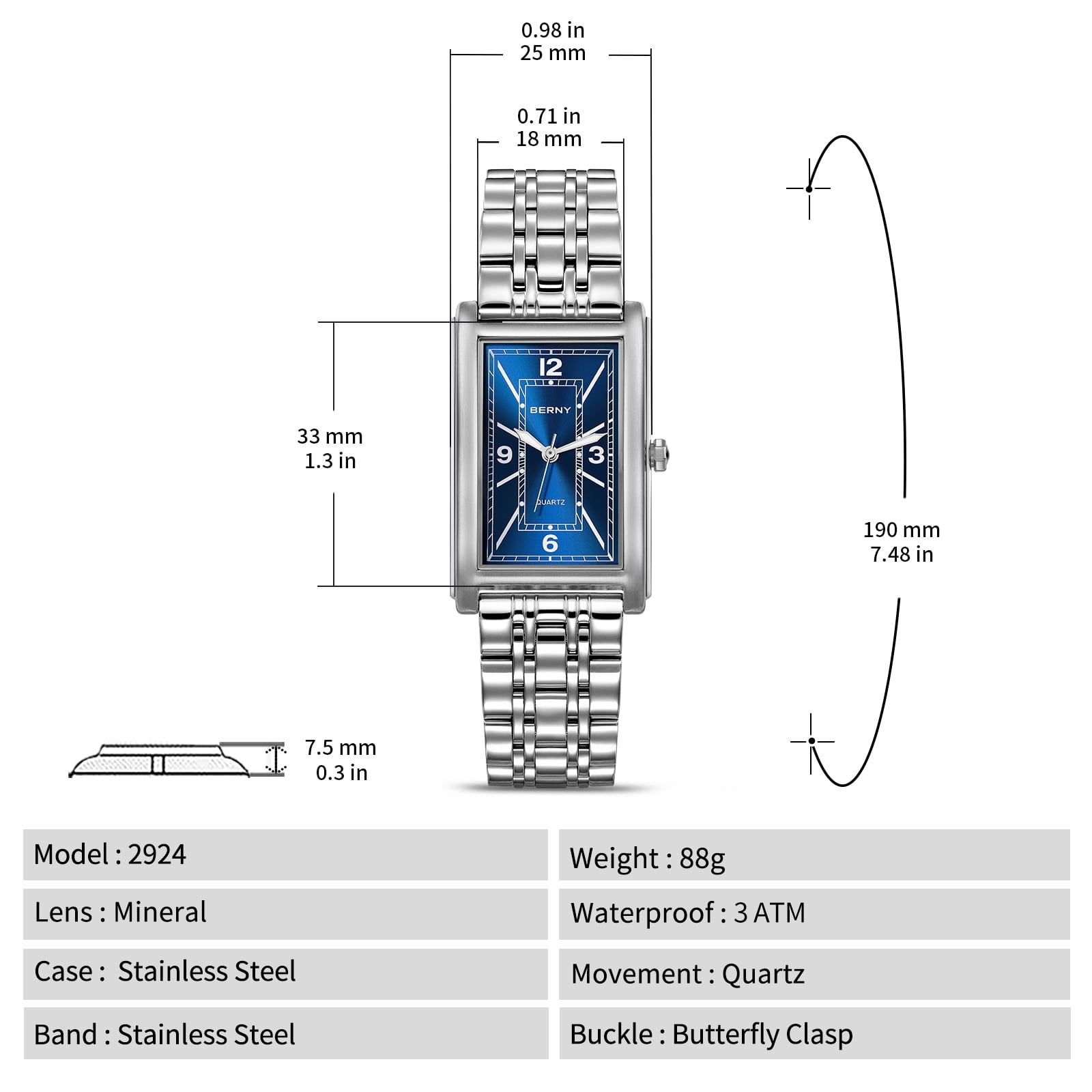 BERNY Rectangular Silver Watch for Men, Fashion Waterproof Analog Quartz Wristwatch, Stainless Steel, Luminous, Arabic Numeral, Business Dress Men's Watches (Blue)